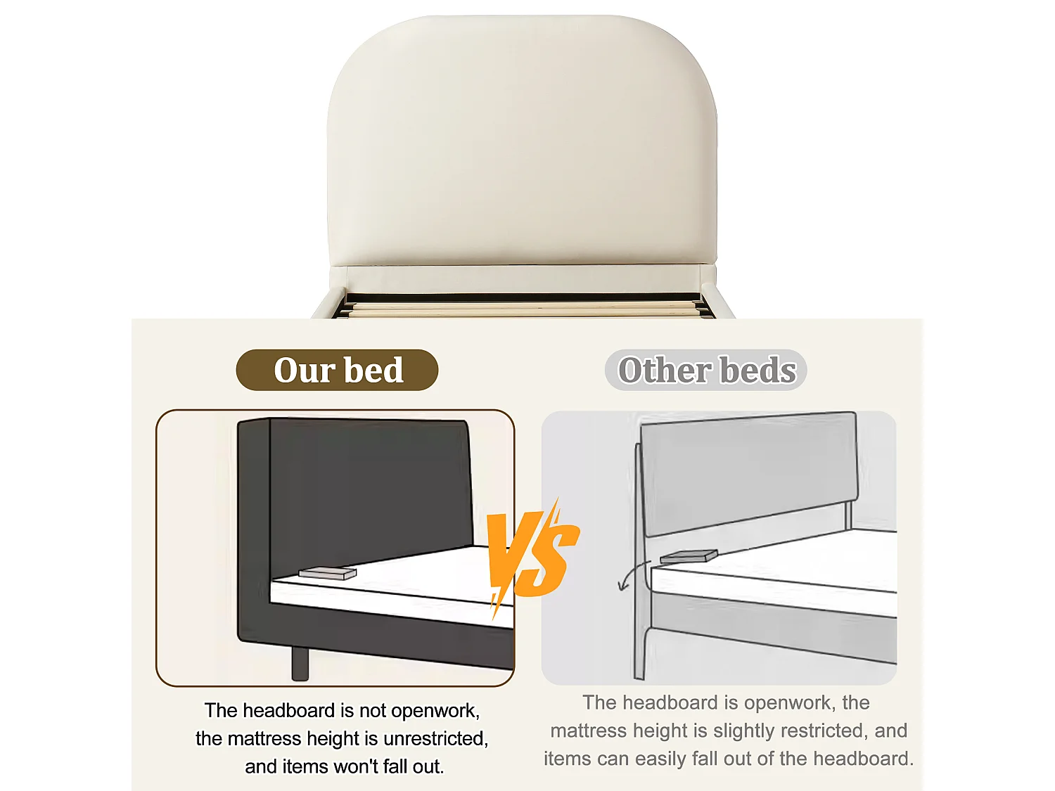 Children's storage bed 90 x 200 cm - with padded headboard - with storage space - Velvet - Beige (Mattress not included)