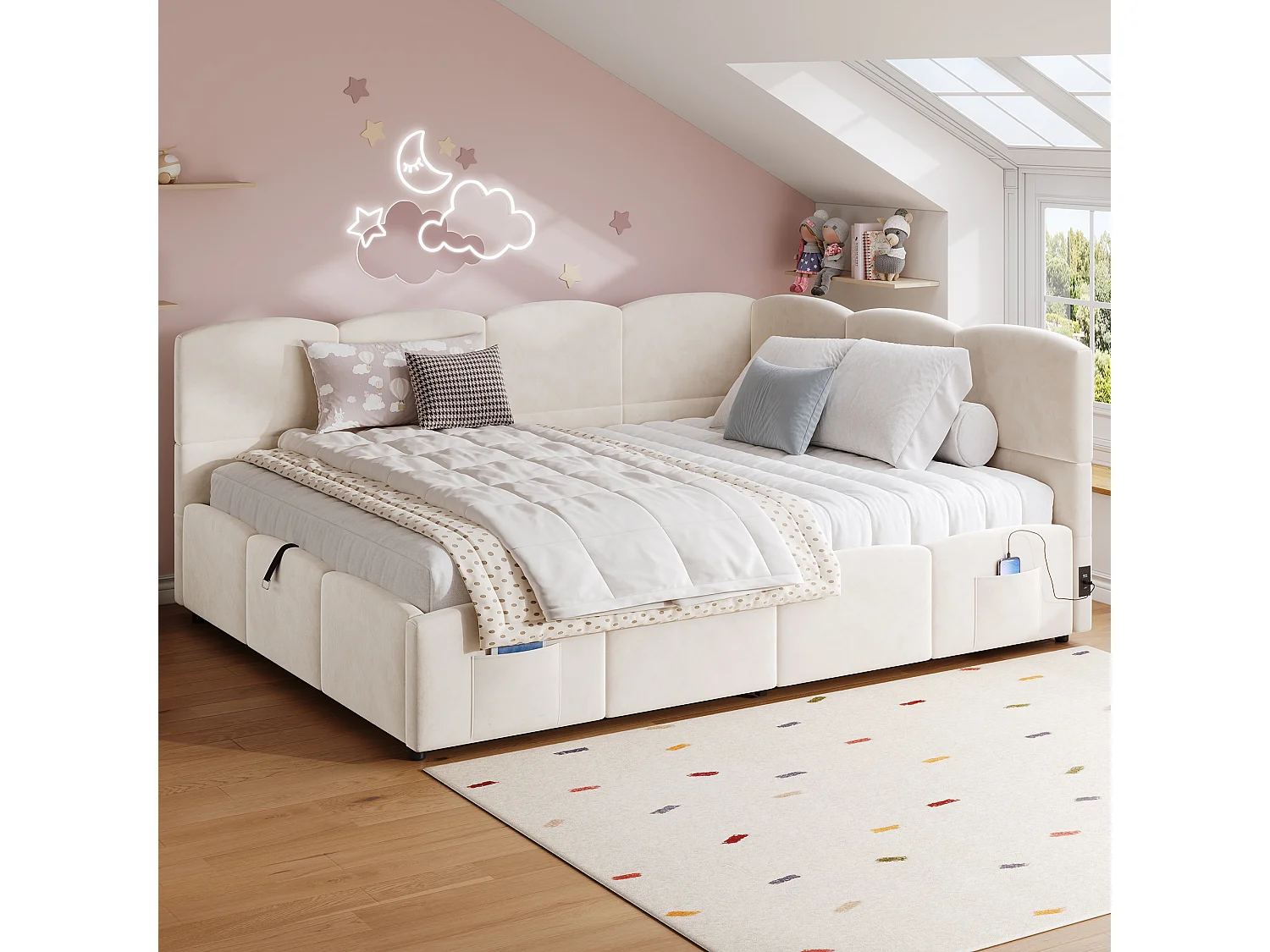 Polstret seng med opbevaring 140x190 cm - med USB-port og opbevaringslomme - fløjlsstof - lamelbund - beige (uden madras)
