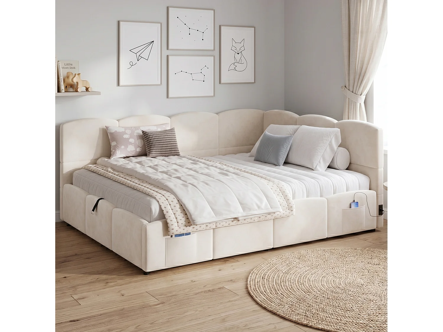 Polstret seng med opbevaring 140x190 cm - med USB-port og opbevaringslomme - fløjlsstof - lamelbund - beige (uden madras)