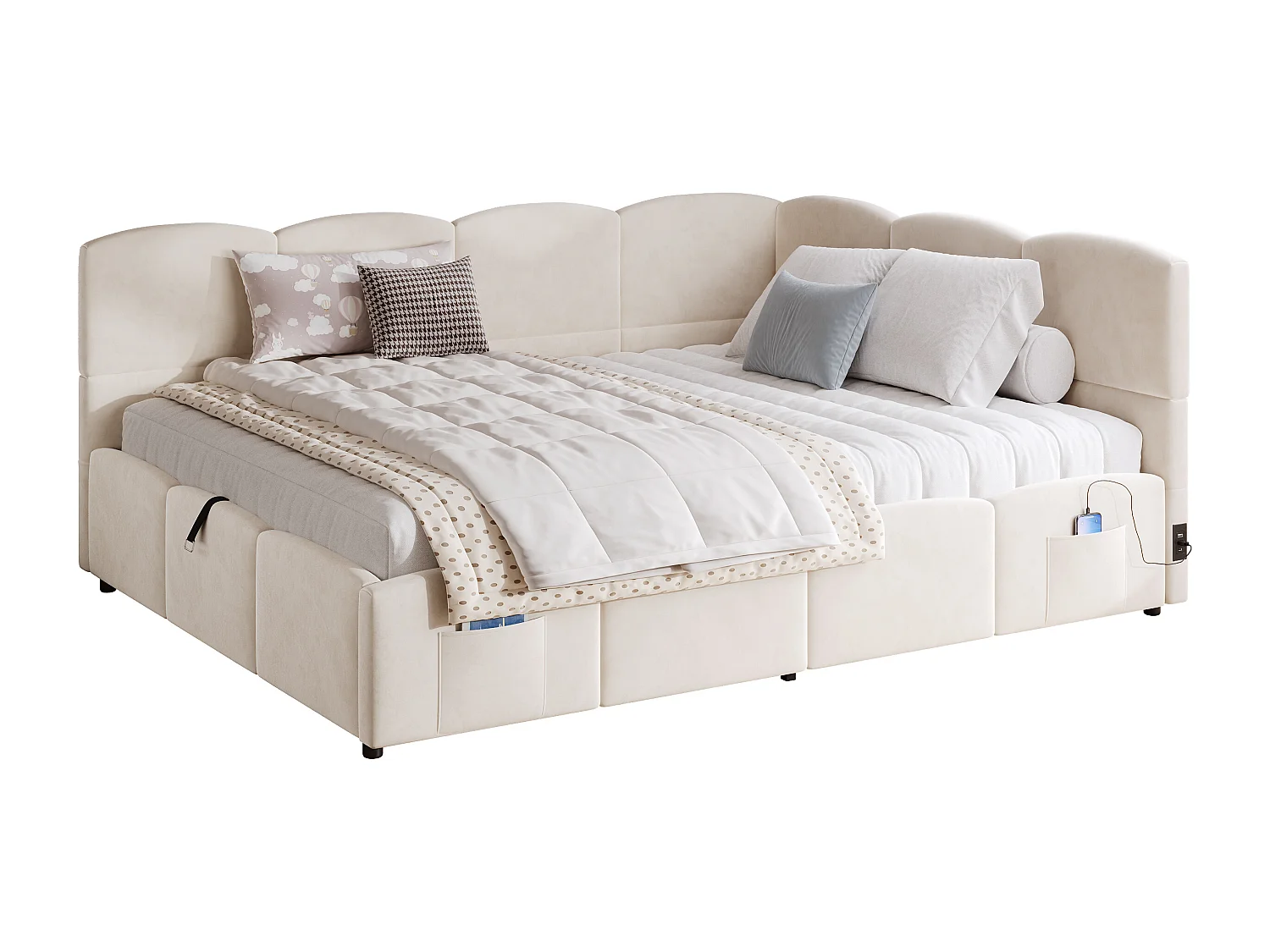 Polstret seng med opbevaring 140x190 cm - med USB-port og opbevaringslomme - fløjlsstof - lamelbund - beige (uden madras)
