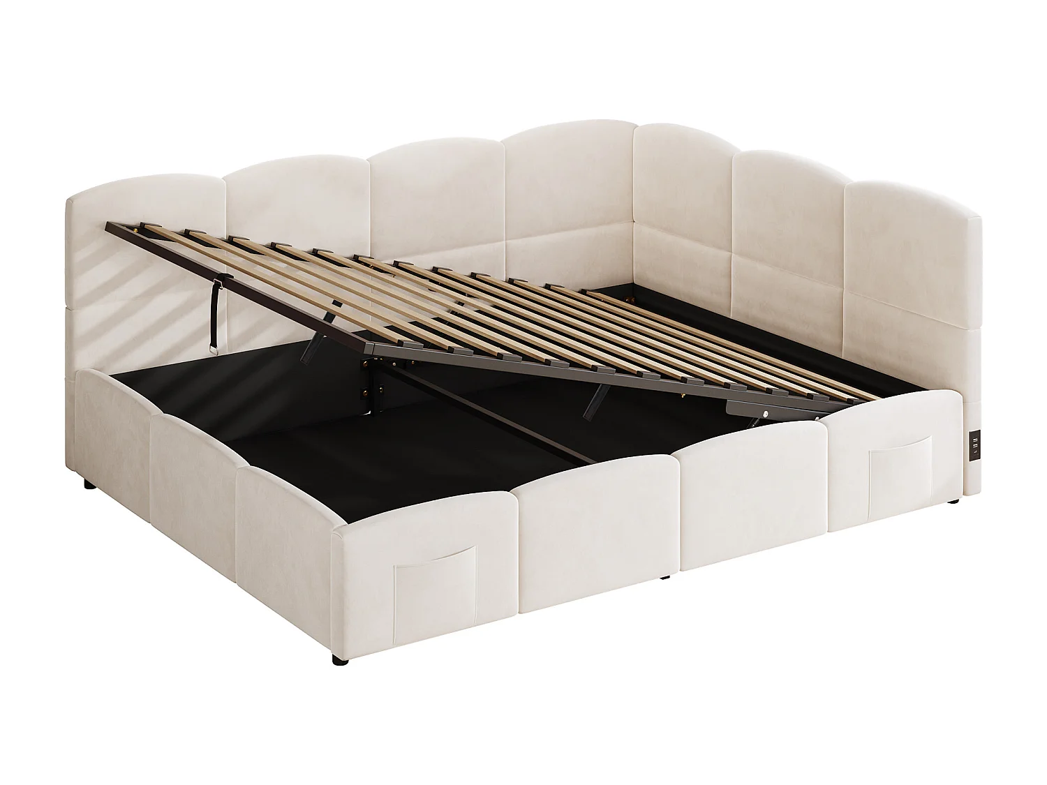 Polstret seng med opbevaring 140x190 cm - med USB-port og opbevaringslomme - fløjlsstof - lamelbund - beige (uden madras)