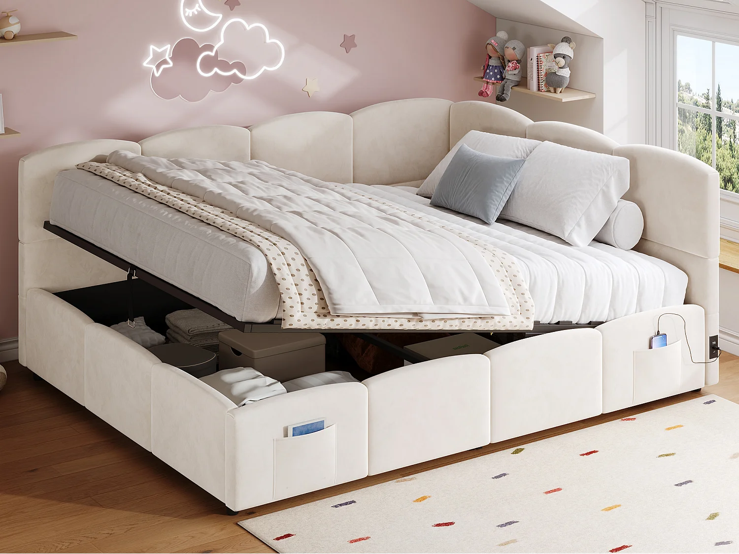 Polstret seng med opbevaring 140x190 cm - med USB-port og opbevaringslomme - fløjlsstof - lamelbund - beige (uden madras)