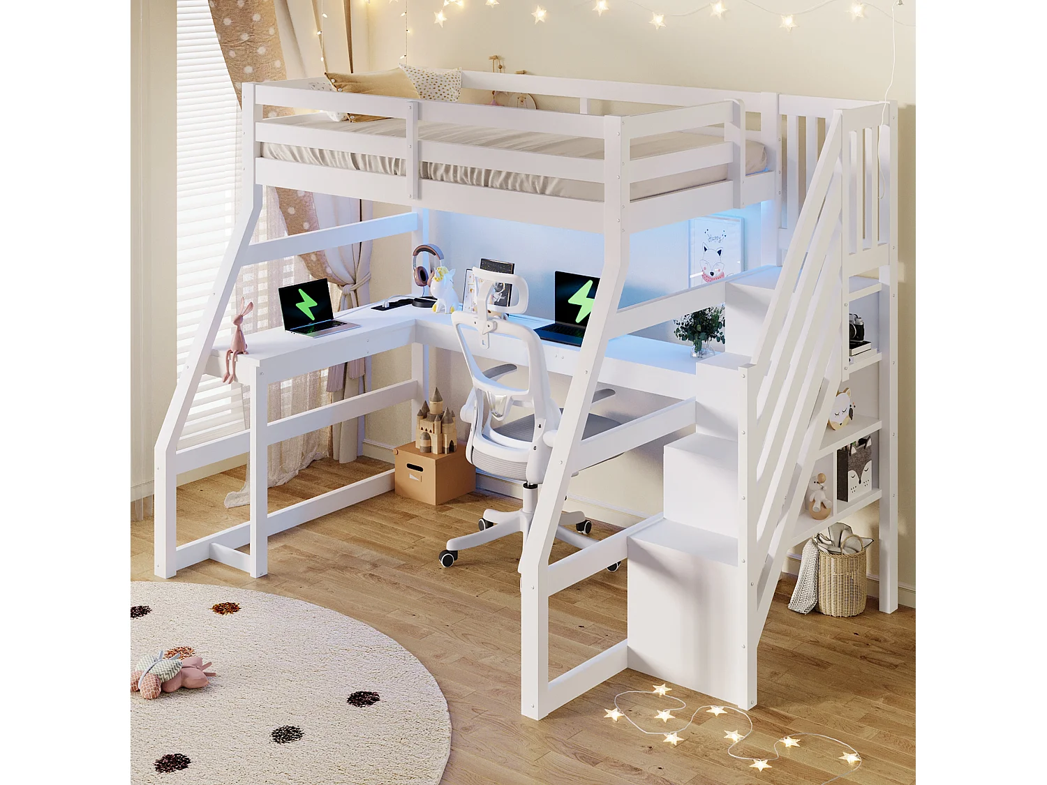 Wooden loft bed 90x200 cm - with desk and storage ladder - LED and USB port - MDF - White (mattress not included)
