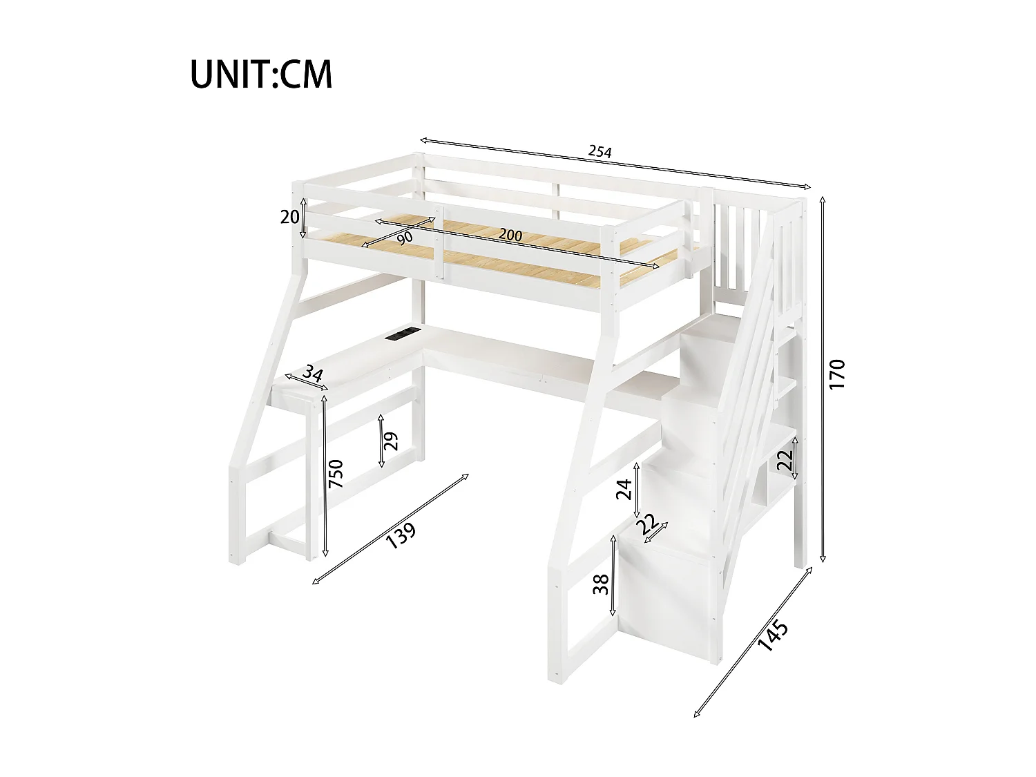 Wooden loft bed 90x200 cm - with desk and storage ladder - LED and USB port - MDF - White (mattress not included)