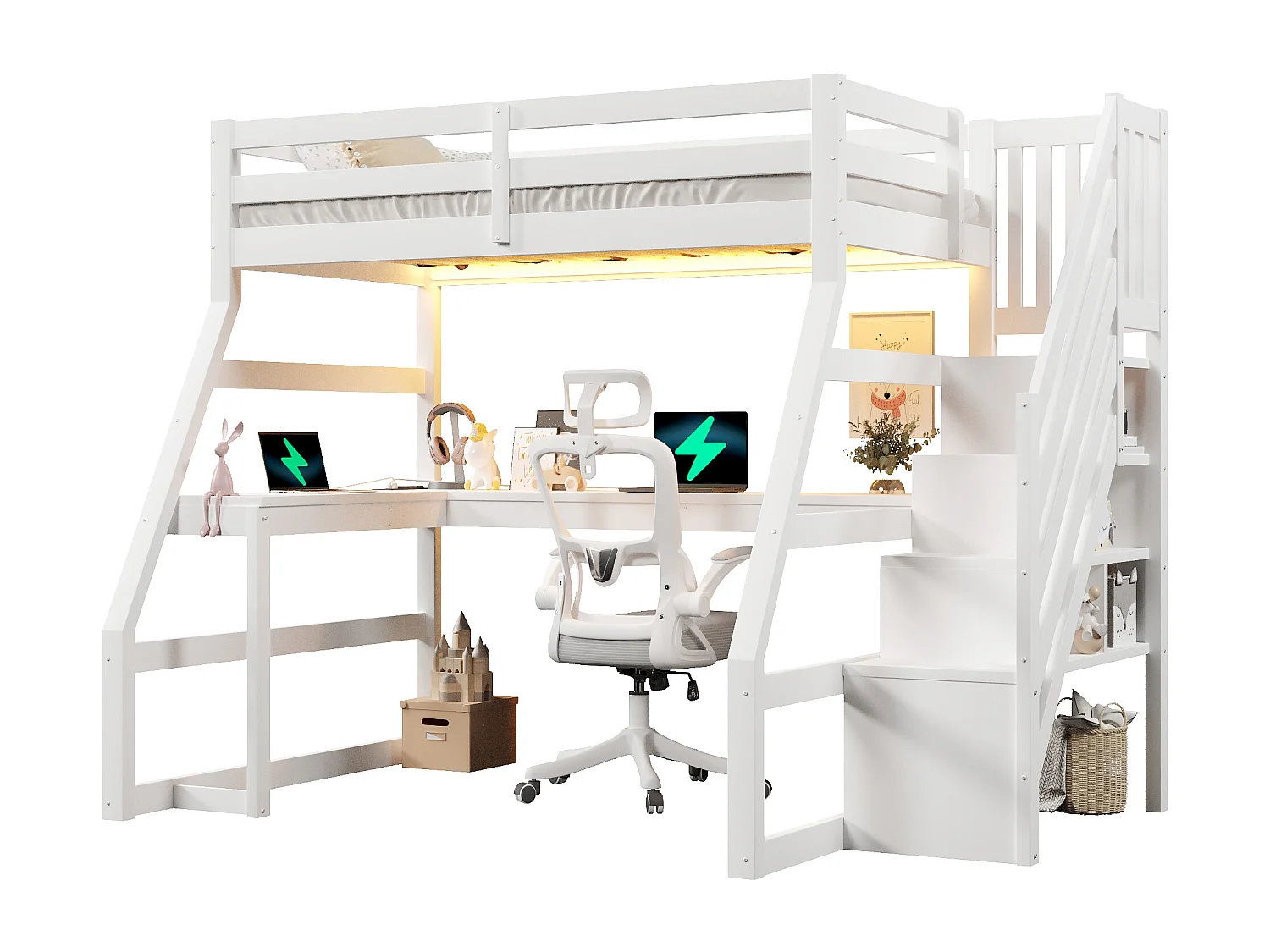 Wooden loft bed 90x200 cm - with desk and storage ladder - LED and USB port - MDF - White (mattress not included)