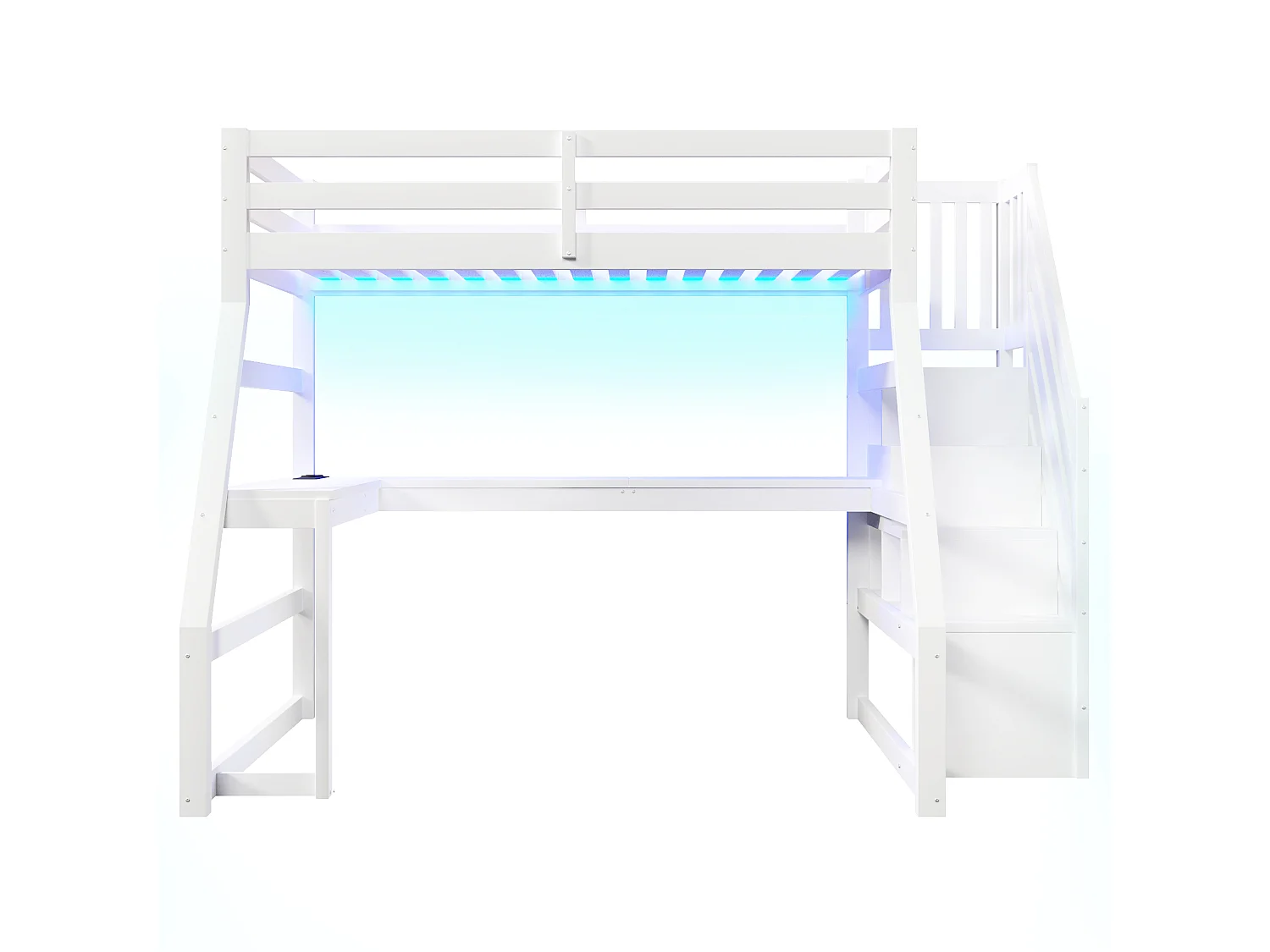 Wooden loft bed 90x200 cm - with desk and storage ladder - LED and USB port - MDF - White (mattress not included)