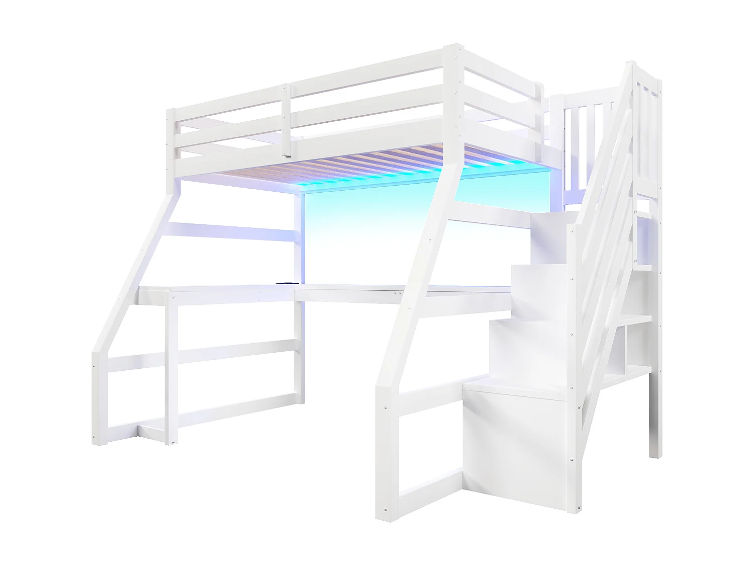 Wooden loft bed 90x200 cm - with desk and storage ladder - LED and USB port - MDF - White (mattress not included)