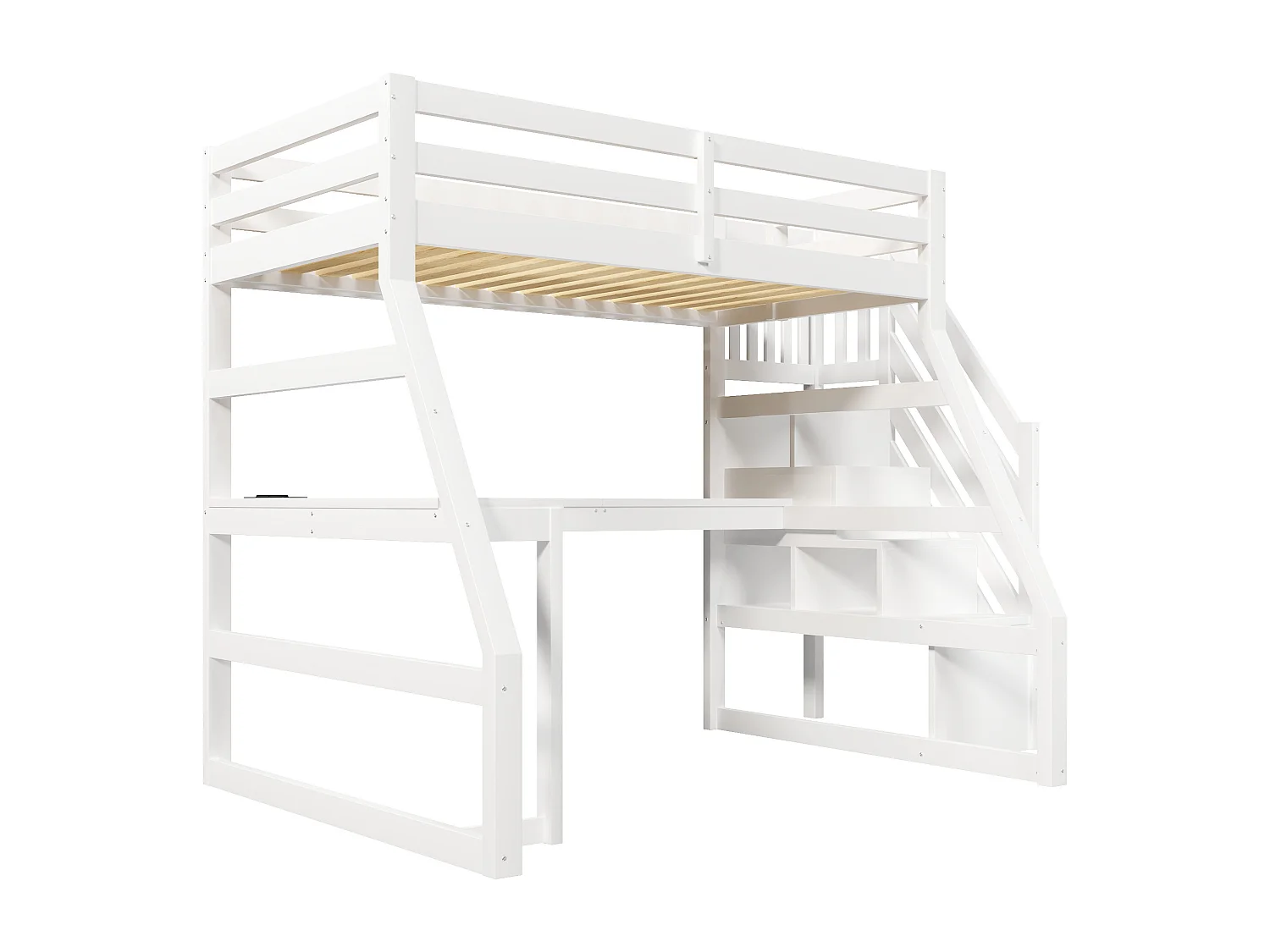 Wooden loft bed 90x200 cm - with desk and storage ladder - LED and USB port - MDF - White (mattress not included)