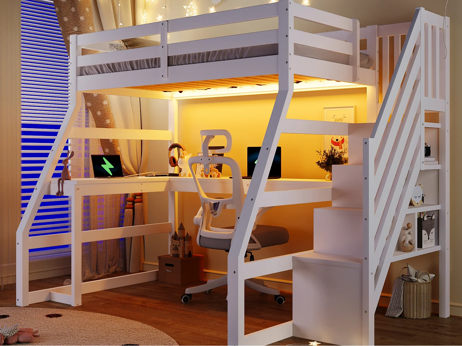Wooden loft bed 90x200 cm - with desk and storage ladder - LED and USB port - MDF - White (mattress not included)