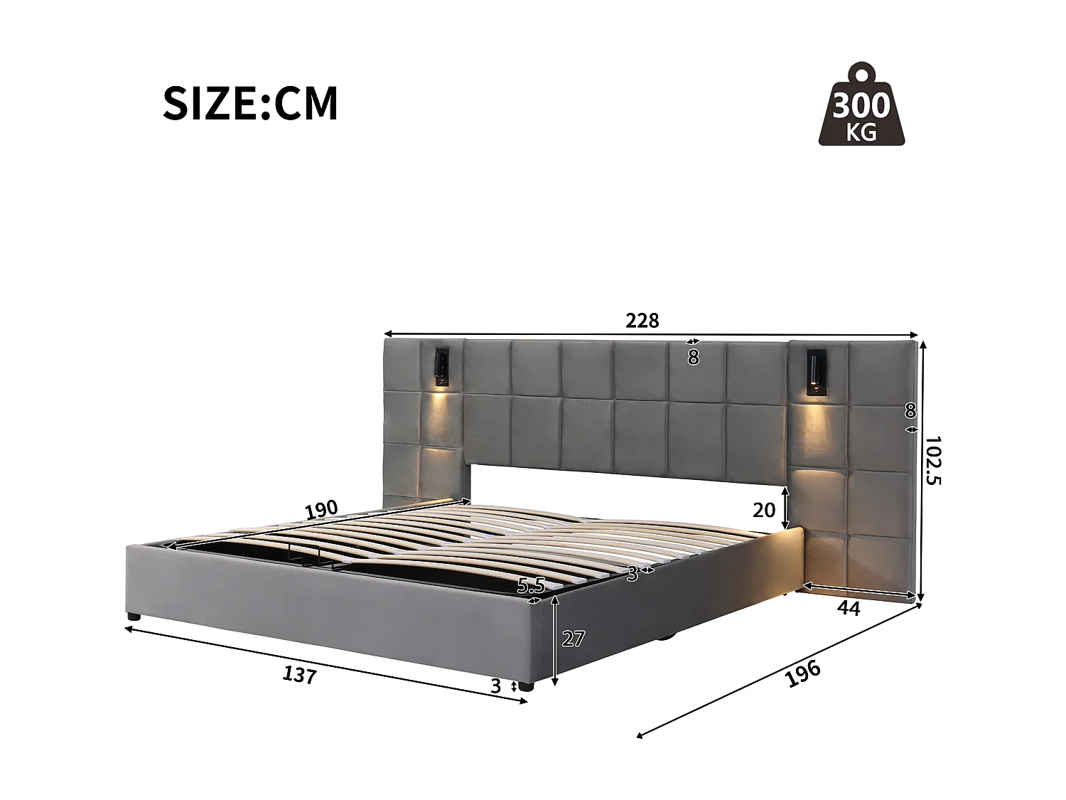 Velvet storage bed - 140x200cm - with LED lighting and charging port - Grey (bedside table not included)