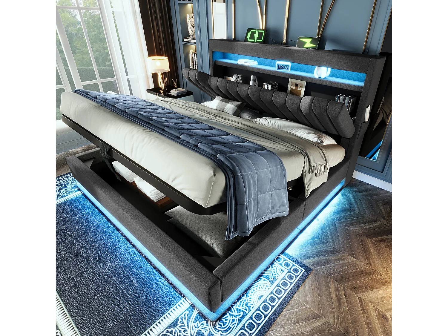Upholstered storage bed 180x200cm - with LED lighting - with USB and Type-C ports - Linen fabric - Headboard with storage space - Grey