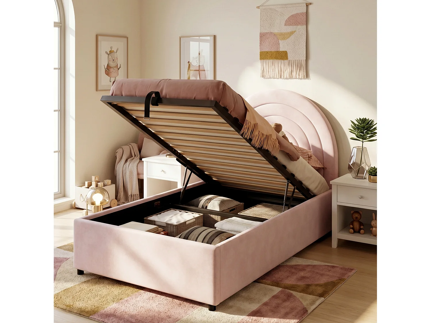 Children's Storage Bed 90x200 cm - Rainbow Headboard - Velvet - Pink (mattress not included)