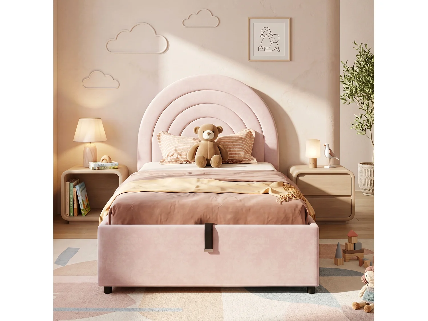 Children's Storage Bed 90x200 cm - Rainbow Headboard - Velvet - Pink (mattress not included)