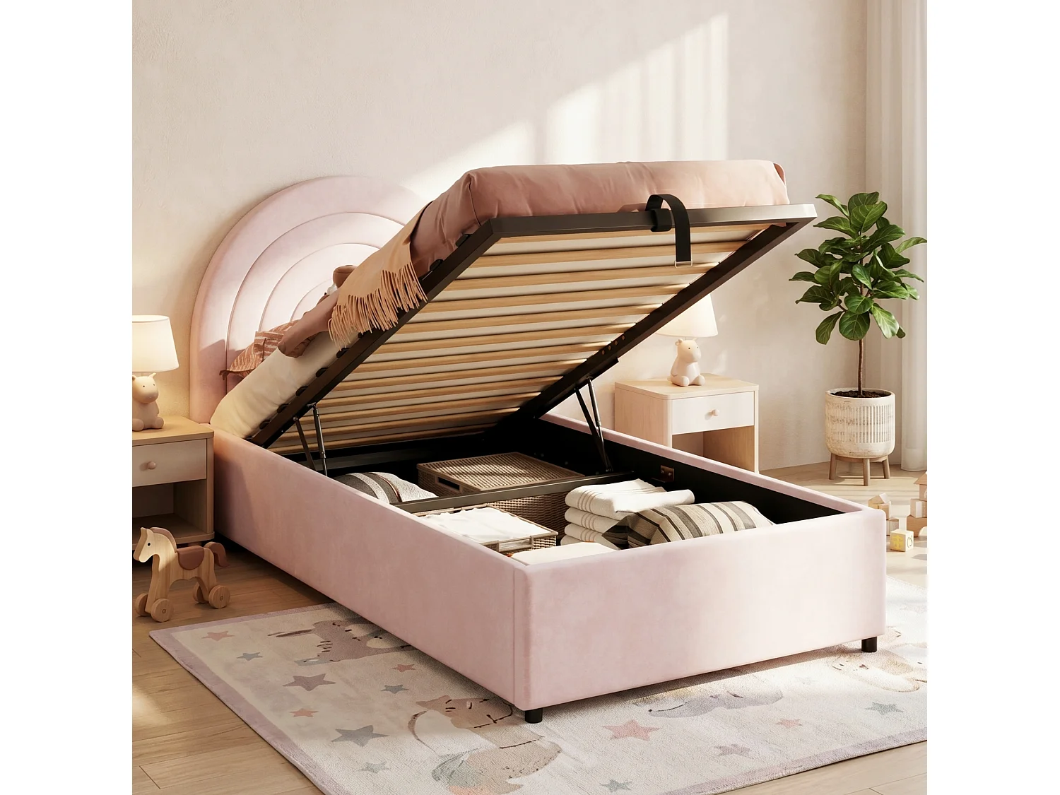Children's Storage Bed 90x200 cm - Rainbow Headboard - Velvet - Pink (mattress not included)