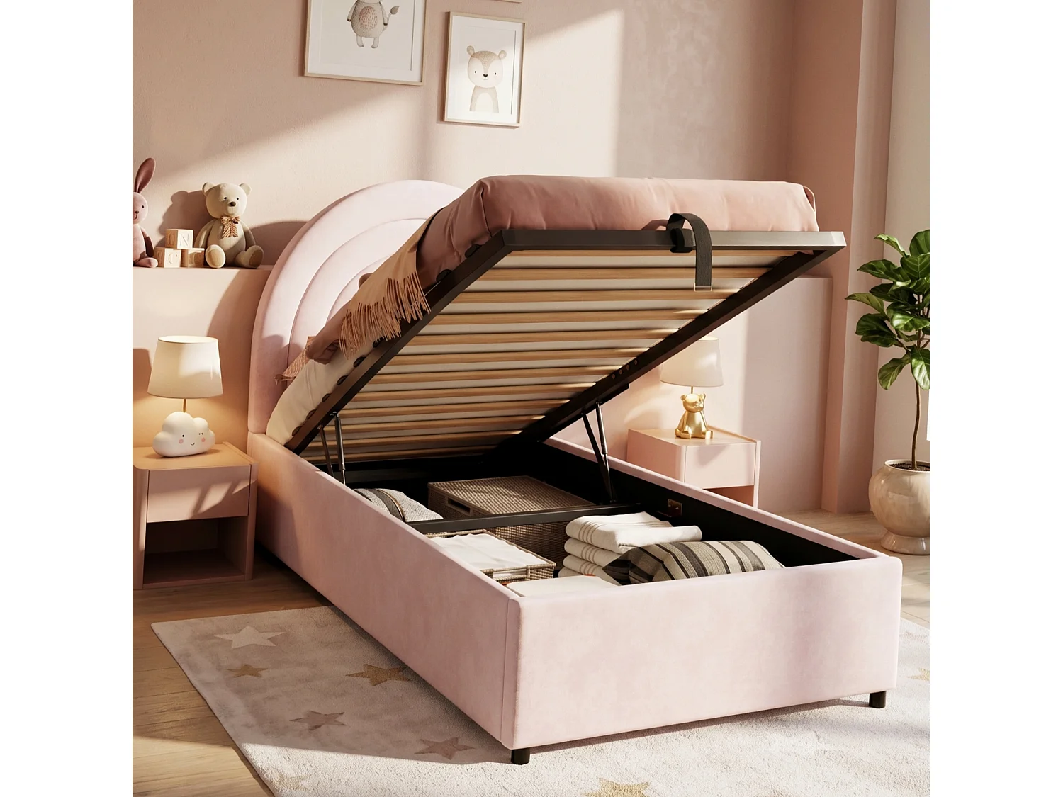 Children's Storage Bed 90x200 cm - Rainbow Headboard - Velvet - Pink (mattress not included)