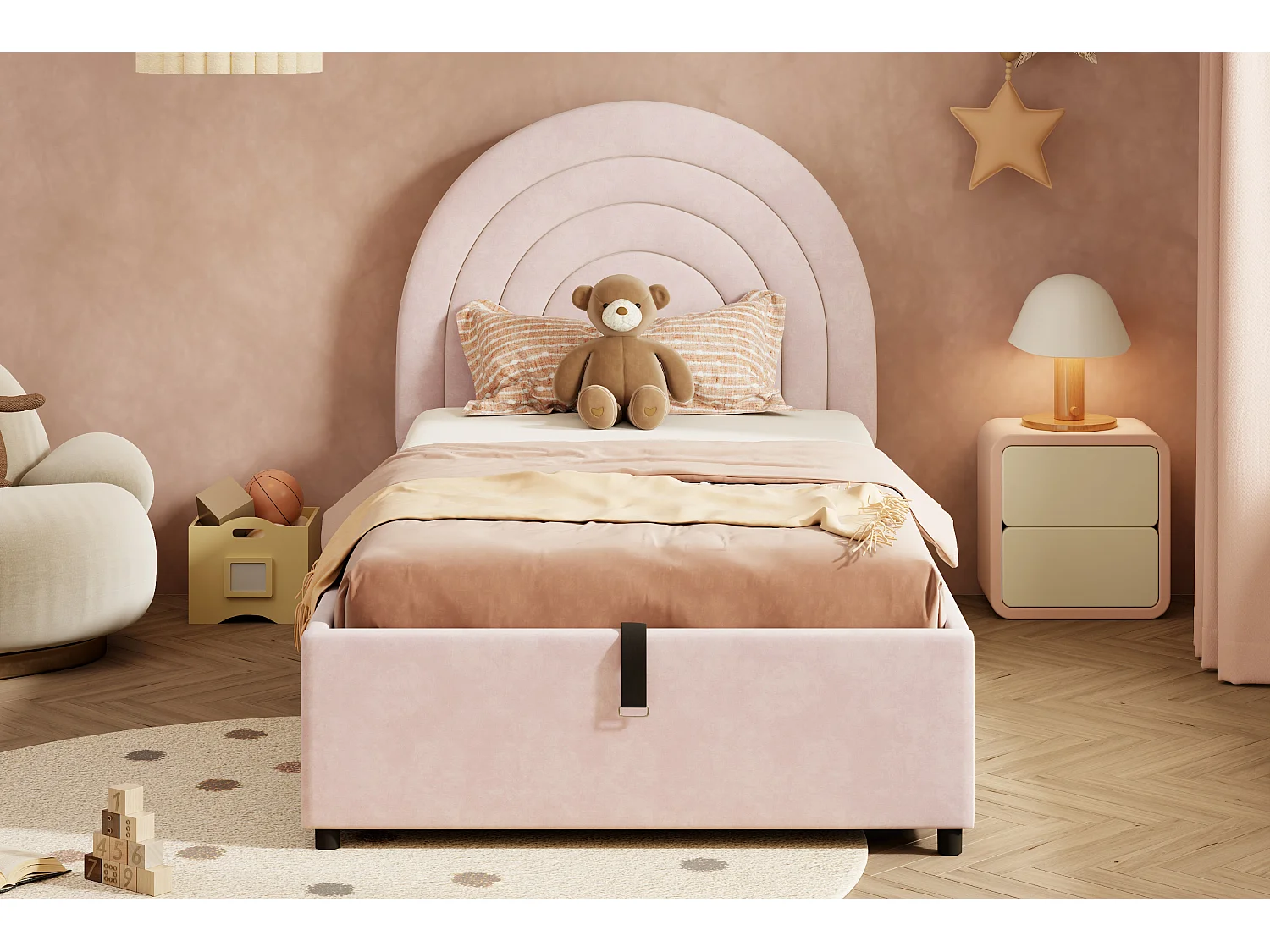 Children's Storage Bed 90x200 cm - Rainbow Headboard - Velvet - Pink (mattress not included)