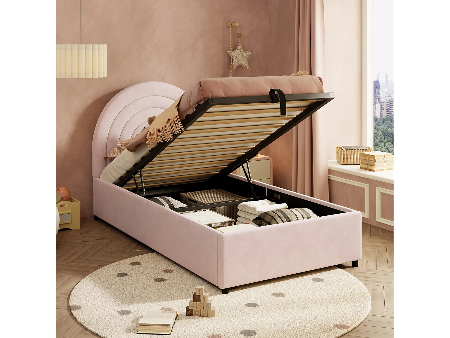 Children's Storage Bed 90x200 cm - Rainbow Headboard - Velvet - Pink (mattress not included)