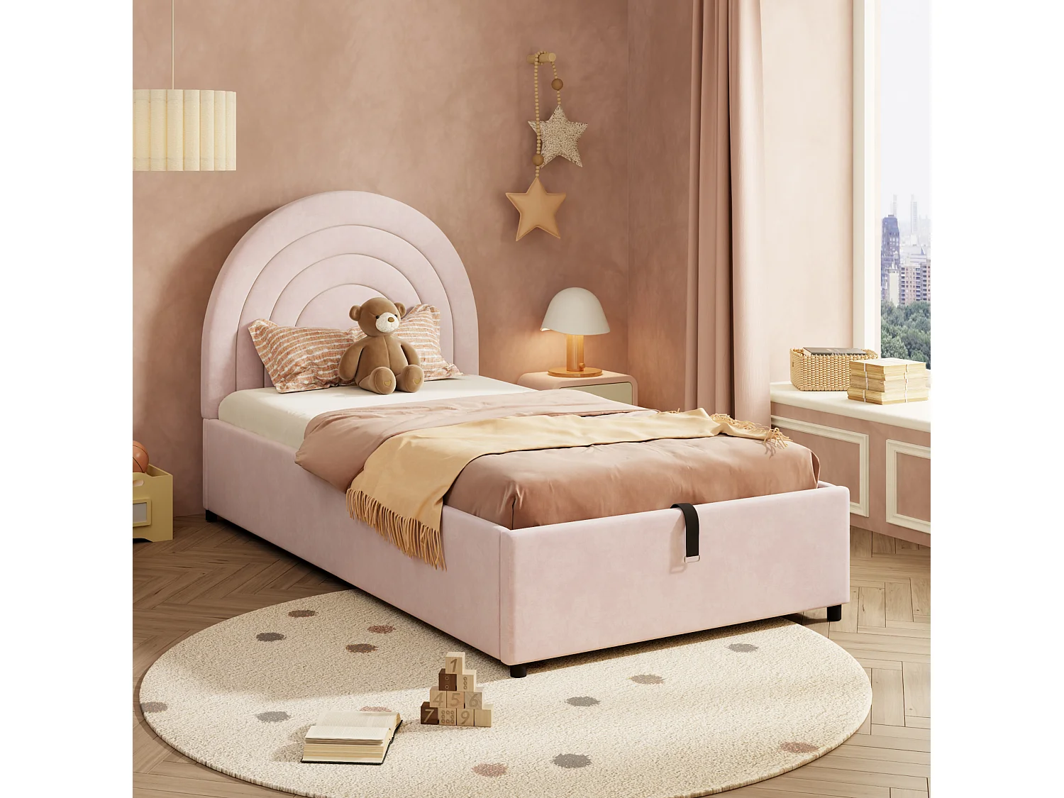 Children's Storage Bed 90x200 cm - Rainbow Headboard - Velvet - Pink (mattress not included)