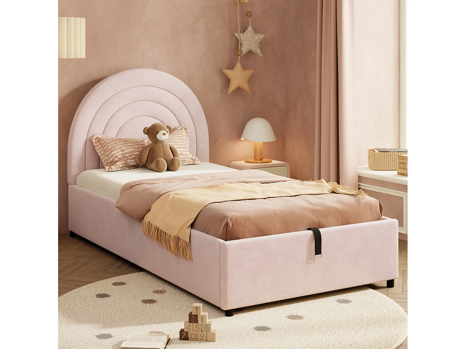Children's Storage Bed 90x200 cm - Rainbow Headboard - Velvet - Pink (mattress not included)