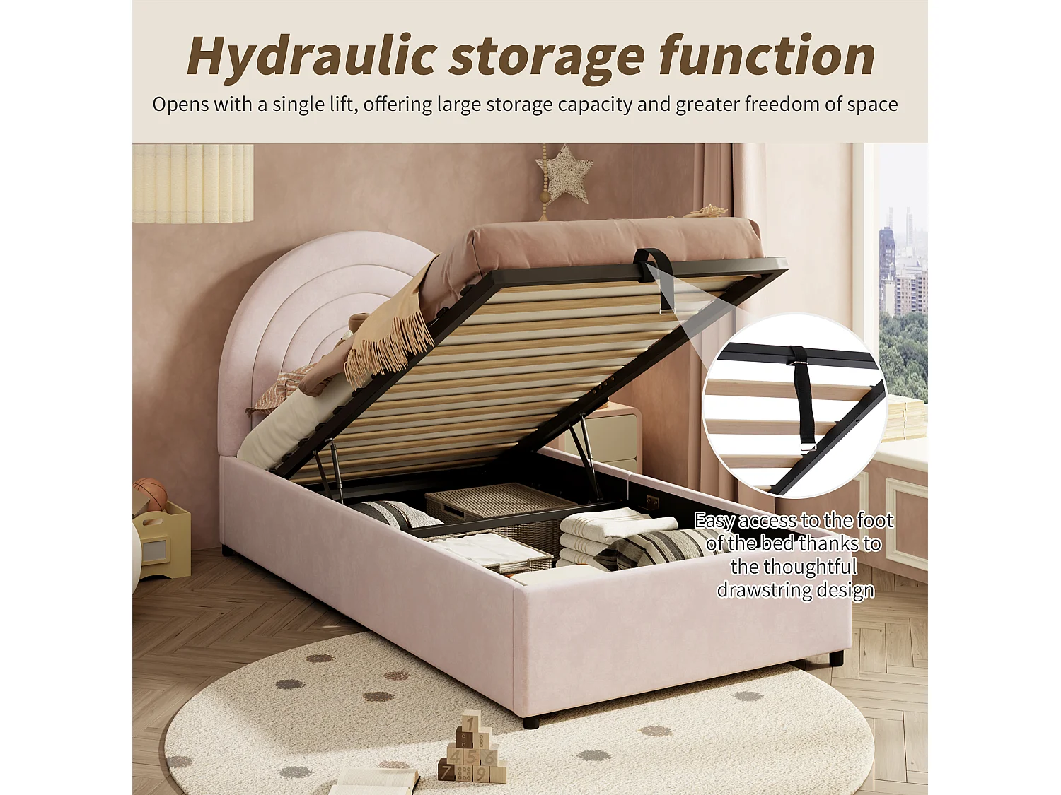 Children's Storage Bed 90x200 cm - Rainbow Headboard - Velvet - Pink (mattress not included)