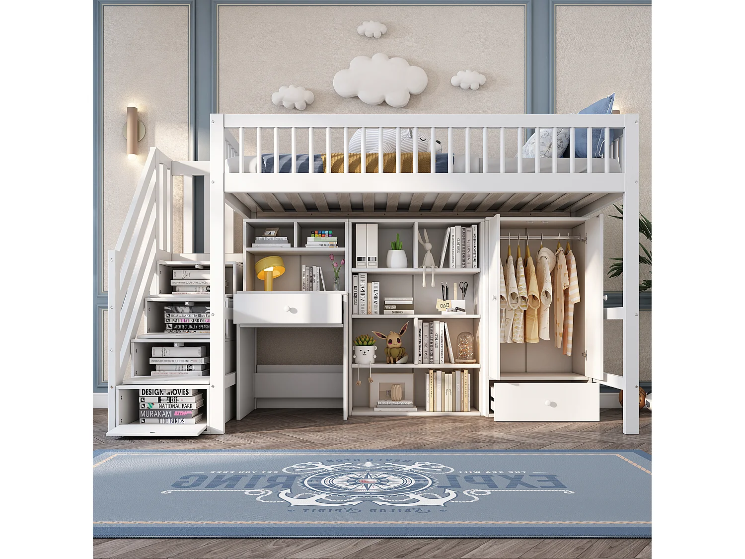 Multifunctional mezzanine bed in wood and MDF - 90x200 cm - with storage stairs, desk and wardrobe - White (mattress not included)