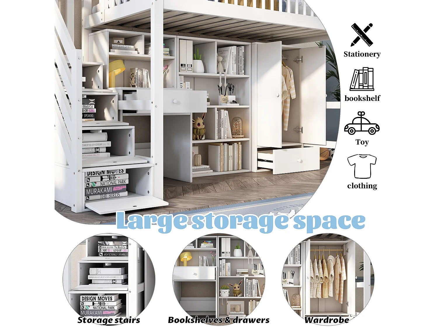 Multifunctional mezzanine bed in wood and MDF - 90x200 cm - with storage stairs, desk and wardrobe - White (mattress not included)