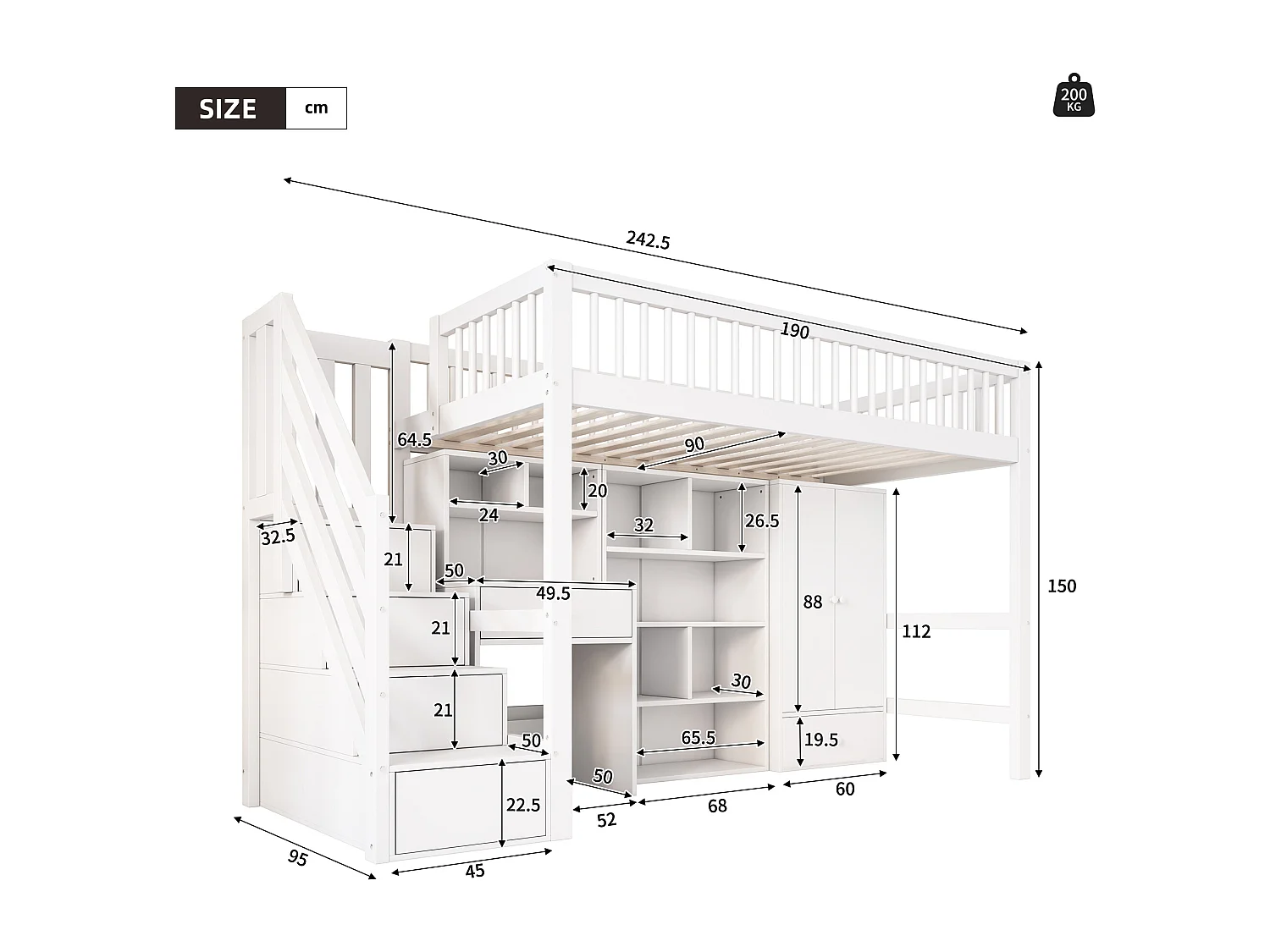 Multifunctional mezzanine bed in wood and MDF - 90x200 cm - with storage stairs, desk and wardrobe - White (mattress not included)