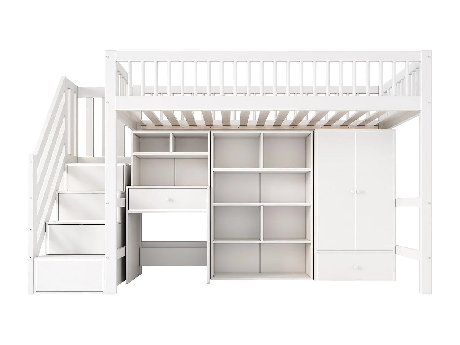 Multifunctional mezzanine bed in wood and MDF - 90x200 cm - with storage stairs, desk and wardrobe - White (mattress not included)