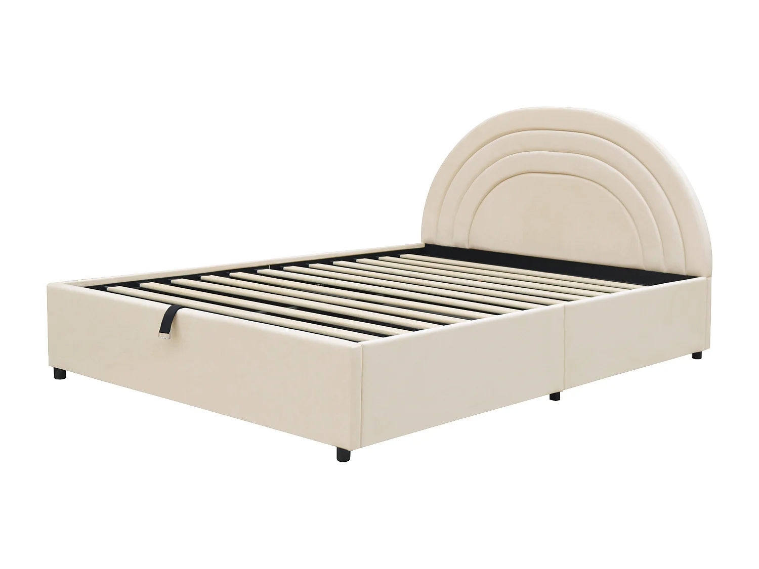 Børneseng med opbevaring 140x190 cm - polstret hovedgærde og lamelbund - fløjlsstof - beige (uden madras)