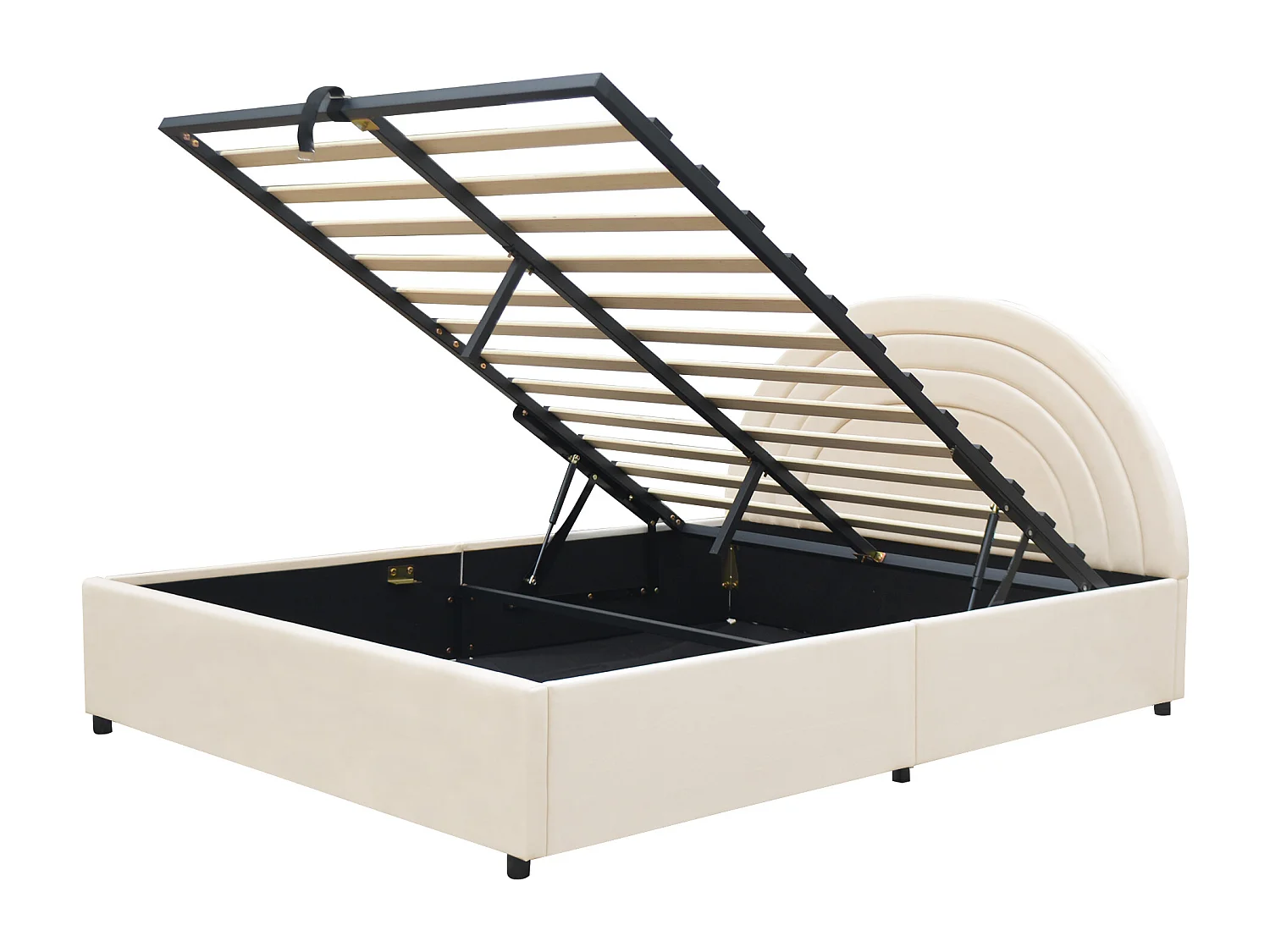 Børneseng med opbevaring 140x190 cm - polstret hovedgærde og lamelbund - fløjlsstof - beige (uden madras)