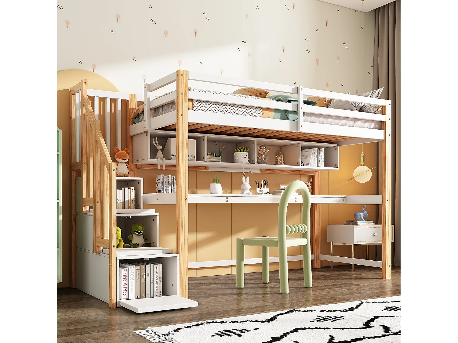 90x200cm wooden loft bed - with storage stairs + desk + slatted base - White