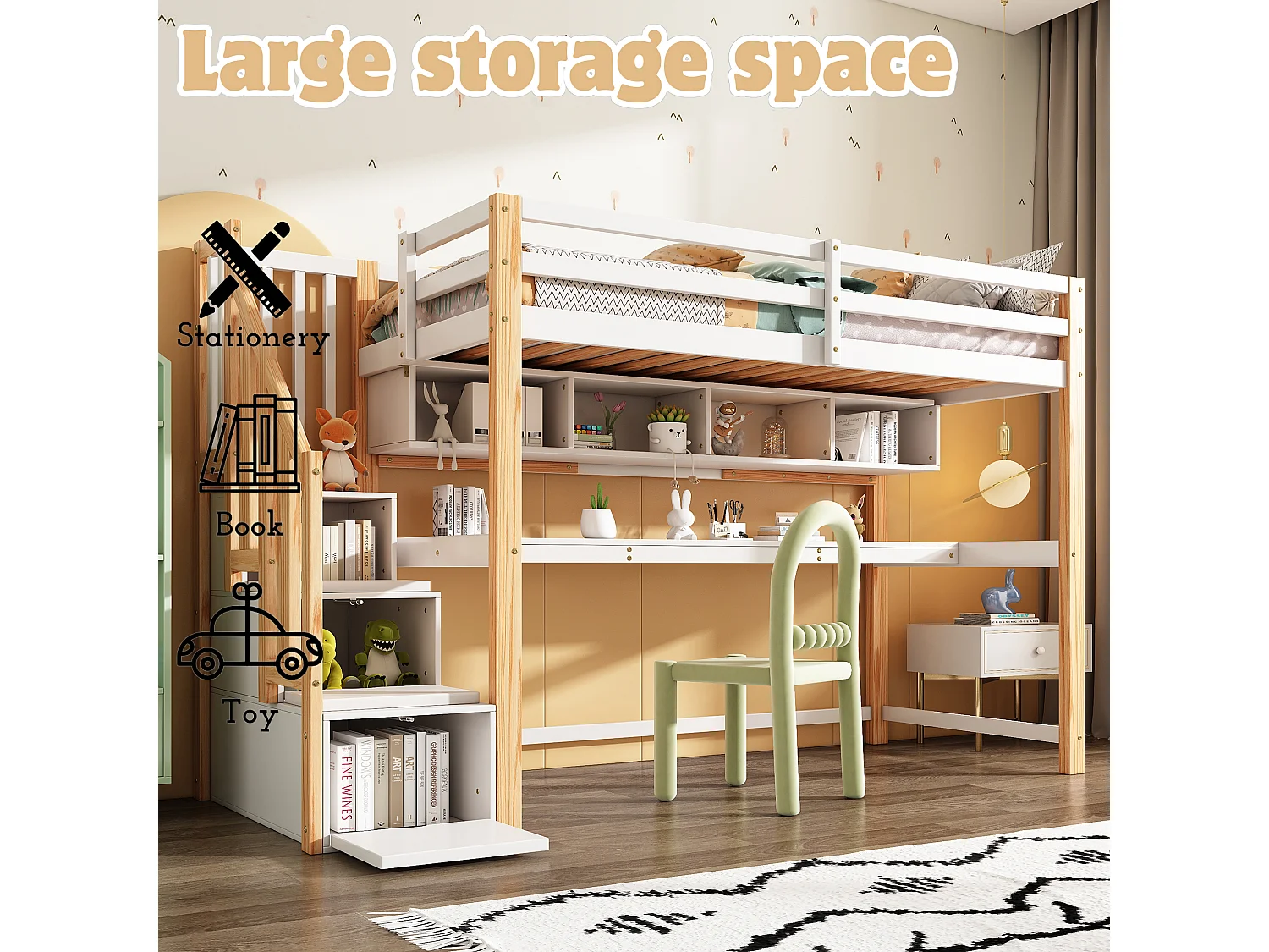 90x200cm wooden loft bed - with storage stairs + desk + slatted base - White