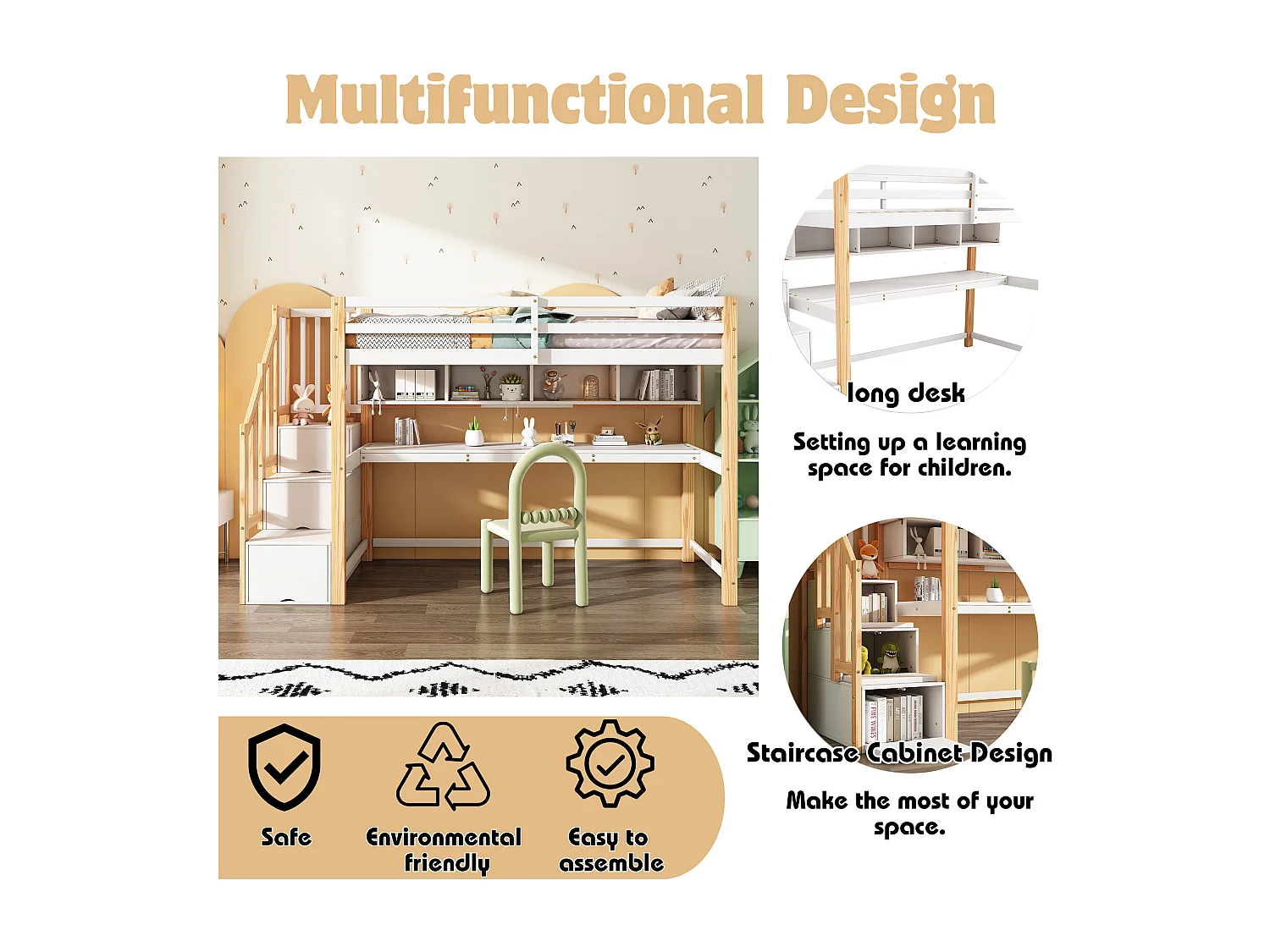 90x200cm wooden loft bed - with storage stairs + desk + slatted base - White