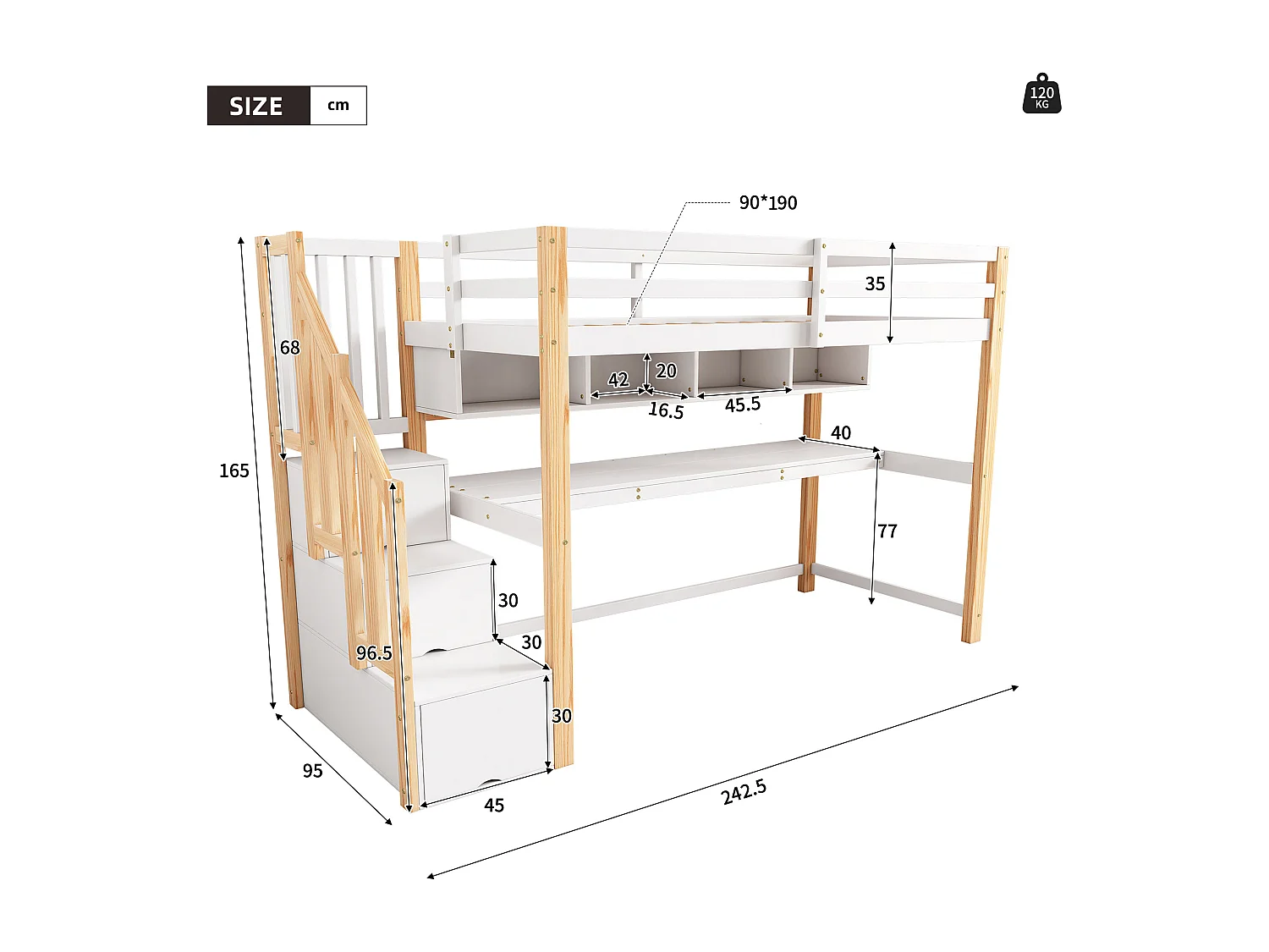 90x200cm wooden loft bed - with storage stairs + desk + slatted base - White