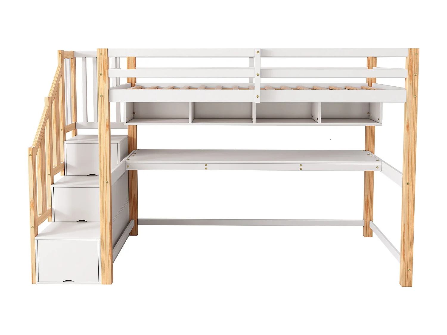 90x200cm wooden loft bed - with storage stairs + desk + slatted base - White