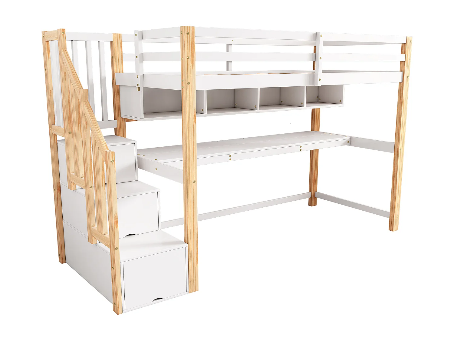 90x200cm wooden loft bed - with storage stairs + desk + slatted base - White