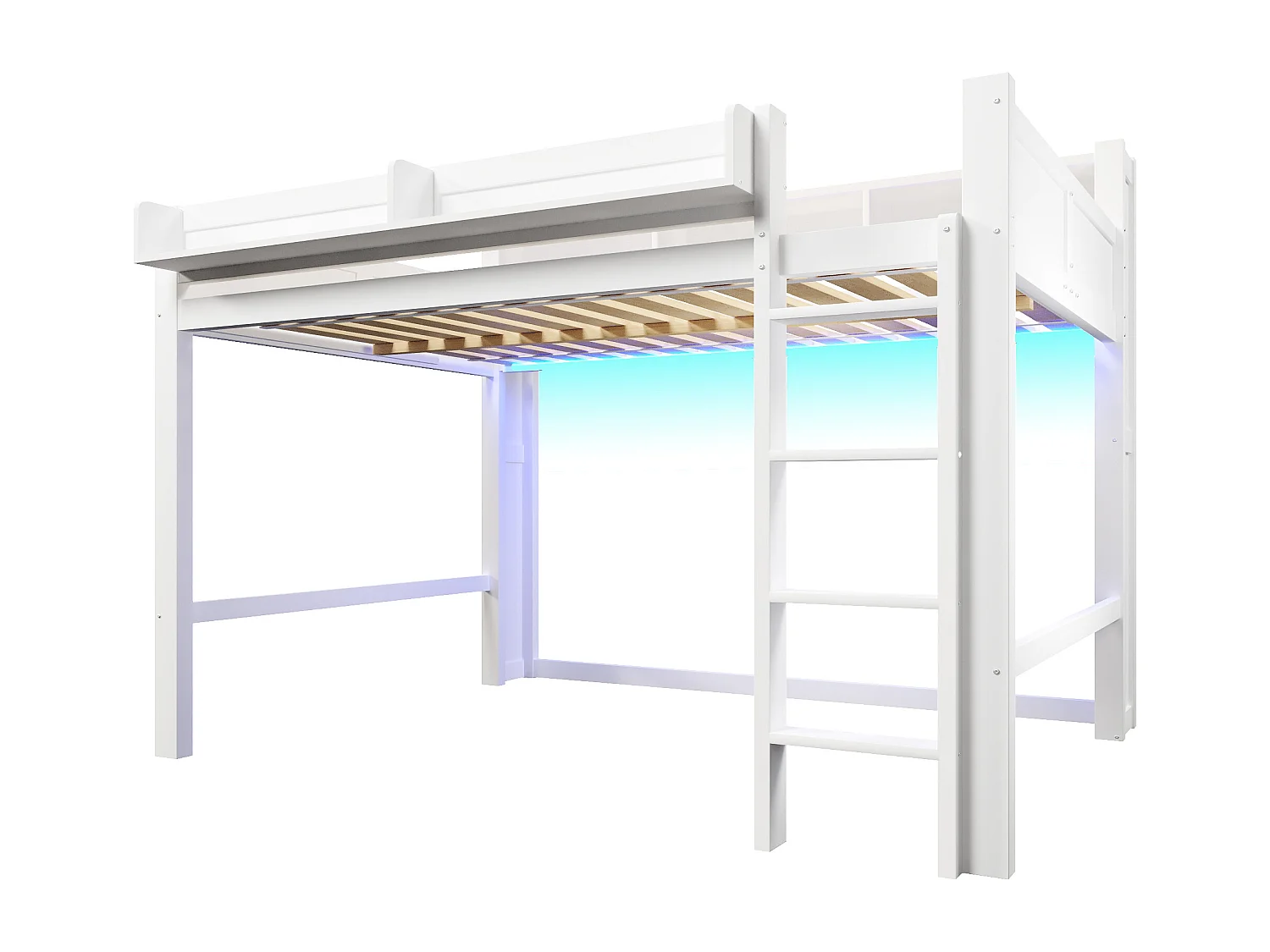 Højseng i træ 140x200 cm - med opbevaringsrum - LED-belysning og USB-port - MDF - Hvid (madras medfølger ikke)