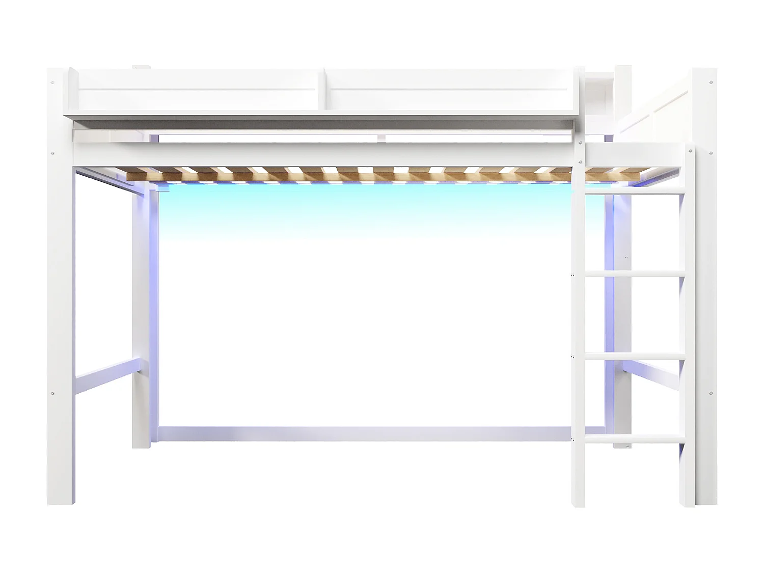 Højseng i træ 140x200 cm - med opbevaringsrum - LED-belysning og USB-port - MDF - Hvid (madras medfølger ikke)