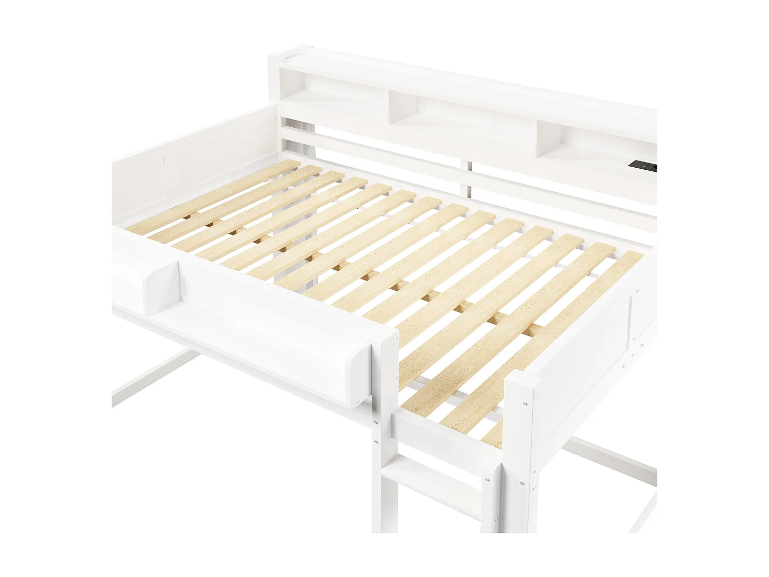 Højseng i træ 140x200 cm - med opbevaringsrum - LED-belysning og USB-port - MDF - Hvid (madras medfølger ikke)