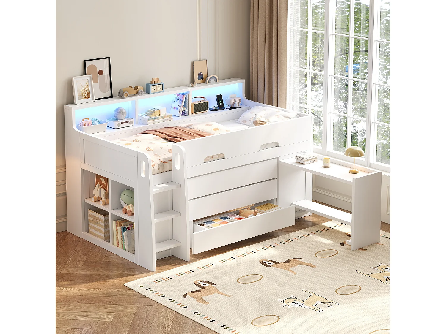 Hoogslaper 90x200 cm - met 3 lades en opbergvakken - afneembaar bureau - LED en USB-poort - Wit (zonder matras)