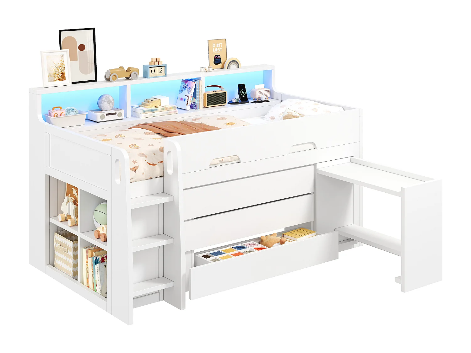 Hoogslaper 90x200 cm - met 3 lades en opbergvakken - afneembaar bureau - LED en USB-poort - Wit (zonder matras)