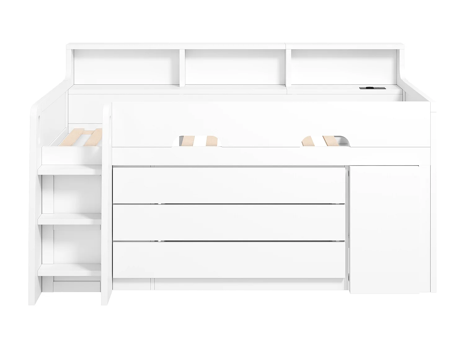 Hoogslaper 90x200 cm - met 3 lades en opbergvakken - afneembaar bureau - LED en USB-poort - Wit (zonder matras)