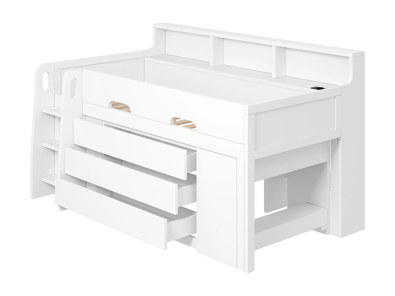 Hoogslaper 90x200 cm - met 3 lades en opbergvakken - afneembaar bureau - LED en USB-poort - Wit (zonder matras)