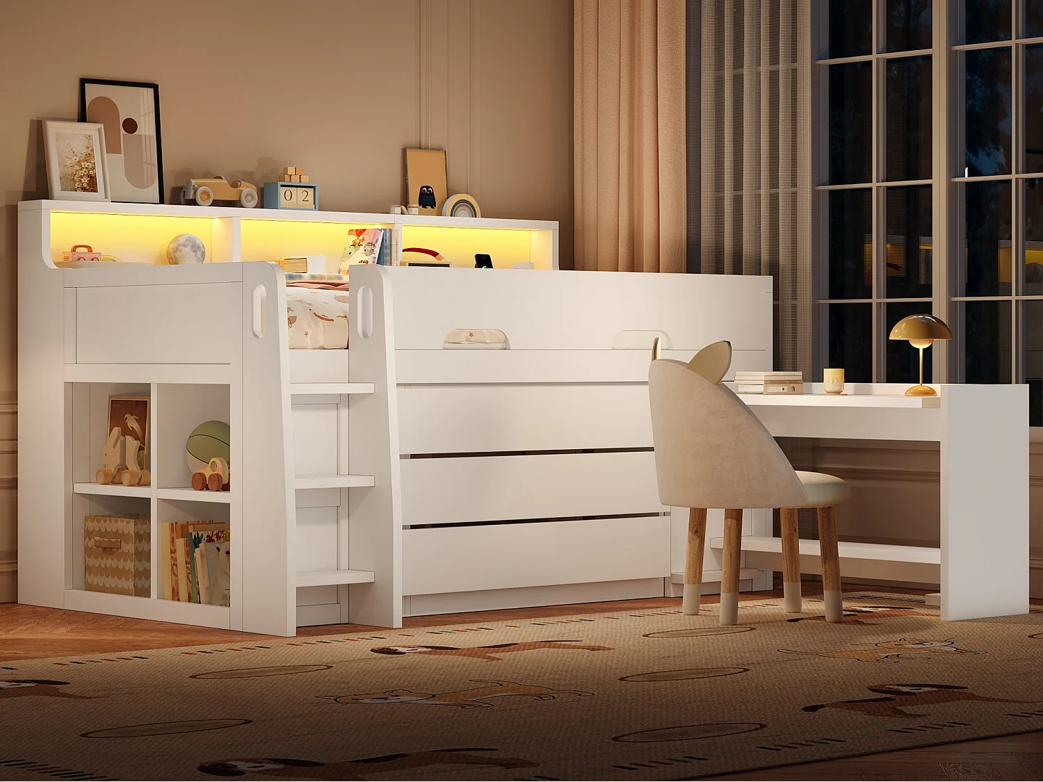 Hoogslaper 90x200 cm - met 3 lades en opbergvakken - afneembaar bureau - LED en USB-poort - Wit (zonder matras)