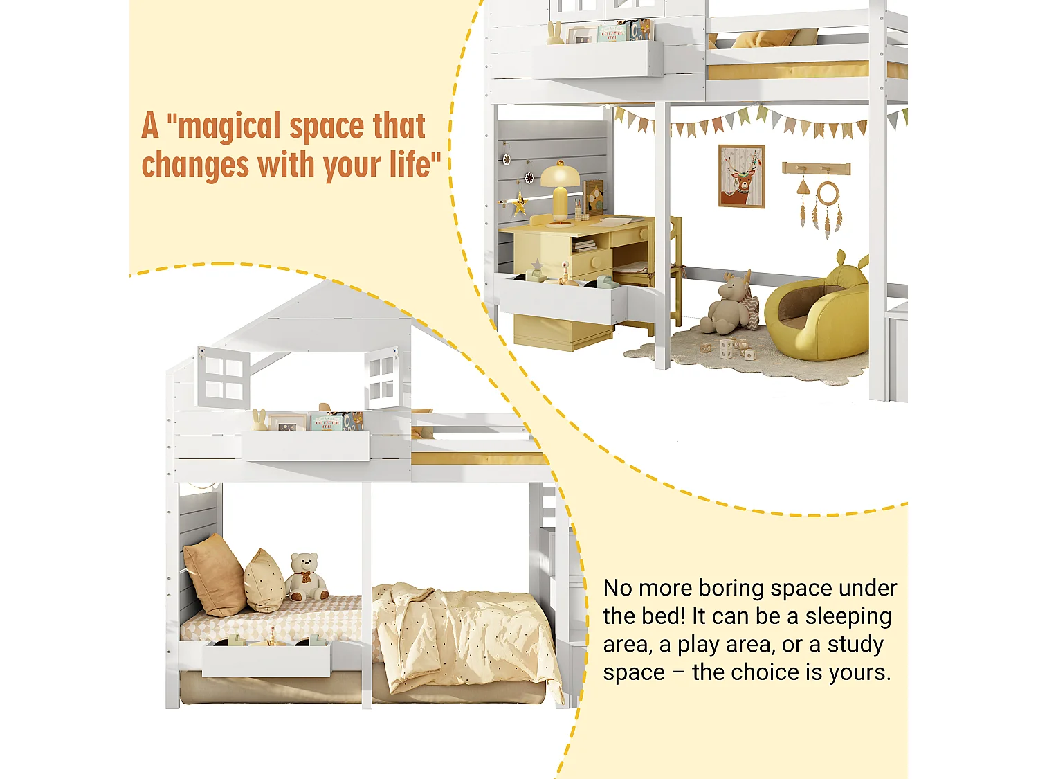 Children's loft bed 90x190cm - with storage ladder - with window - Solid wood + MDF - White (mattress not included)