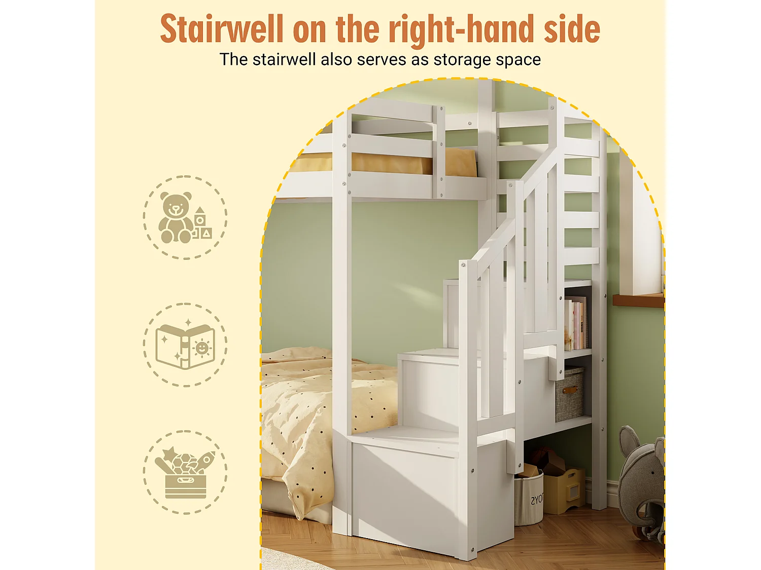 Children's loft bed 90x190cm - with storage ladder - with window - Solid wood + MDF - White (mattress not included)