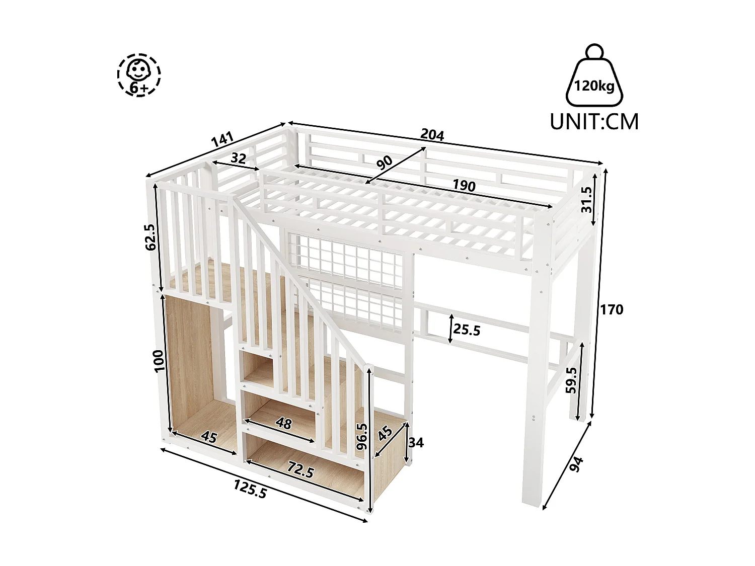 Hochbett 90 x 200 cm - Struktur aus Schmiedeeisen - Integrierte Stauraumleiter - Sicherheitsgeländer - LED-Beleuchtung - weiß (Matratze nicht enthalten)