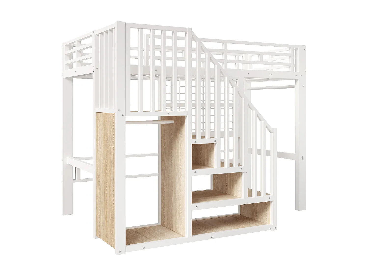 Hochbett 90 x 200 cm - Struktur aus Schmiedeeisen - Integrierte Stauraumleiter - Sicherheitsgeländer - LED-Beleuchtung - weiß (Matratze nicht enthalten)