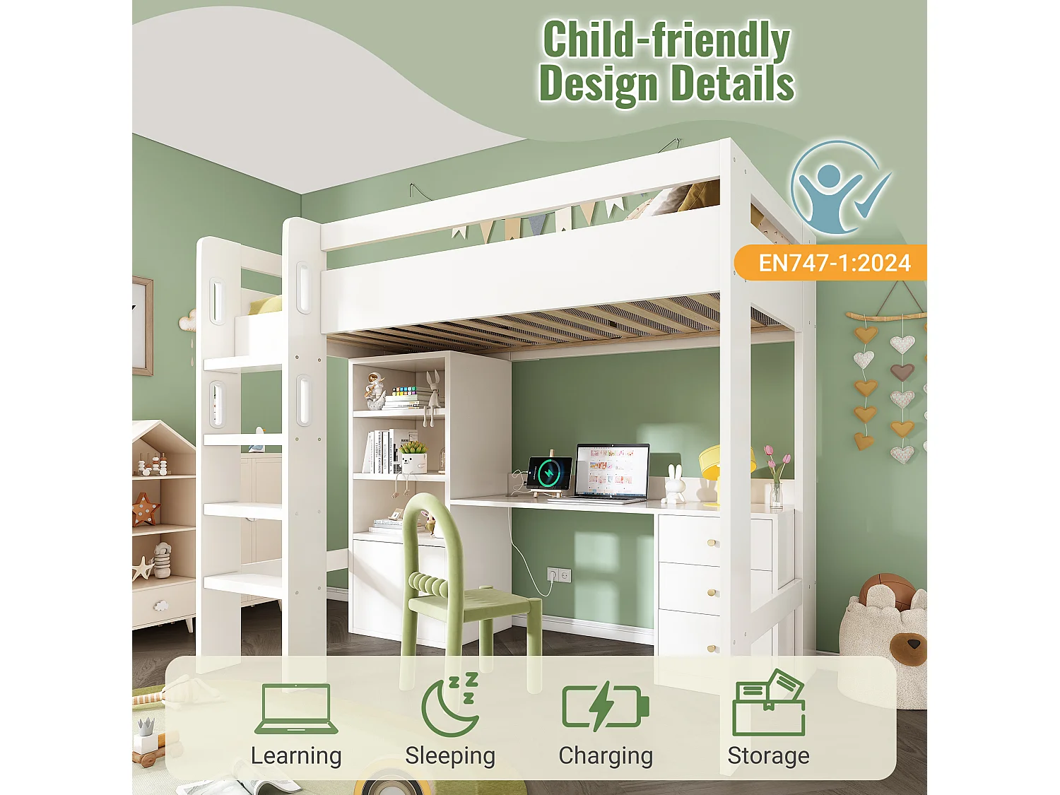 Loft Bed 90x190 cm - with USB and Type-C ports - with L-shaped desk, shelves, and drawers - with safety rails - white (mattress not included)