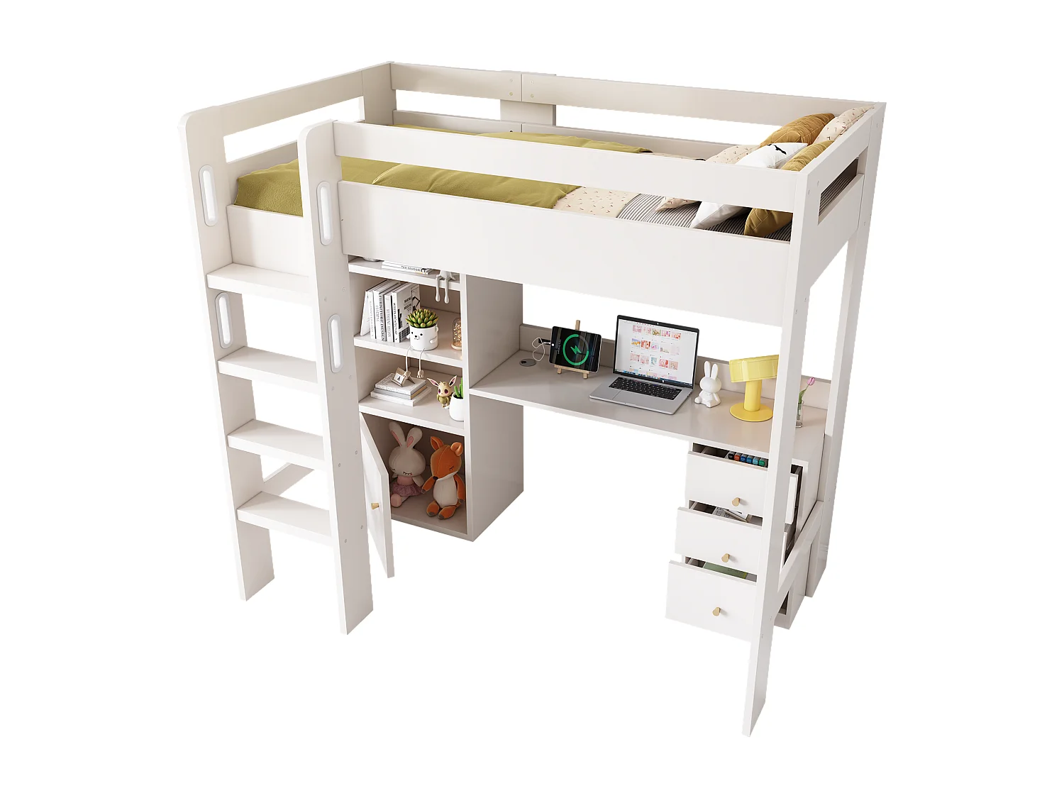 Loft Bed 90x190 cm - with USB and Type-C ports - with L-shaped desk, shelves, and drawers - with safety rails - white (mattress not included)